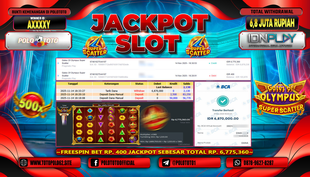 POLOTOTO JACKPOT SLOT GATES OF OLYMPUS SUPER SCATTER Rp.6.800.000,- LUNAS
