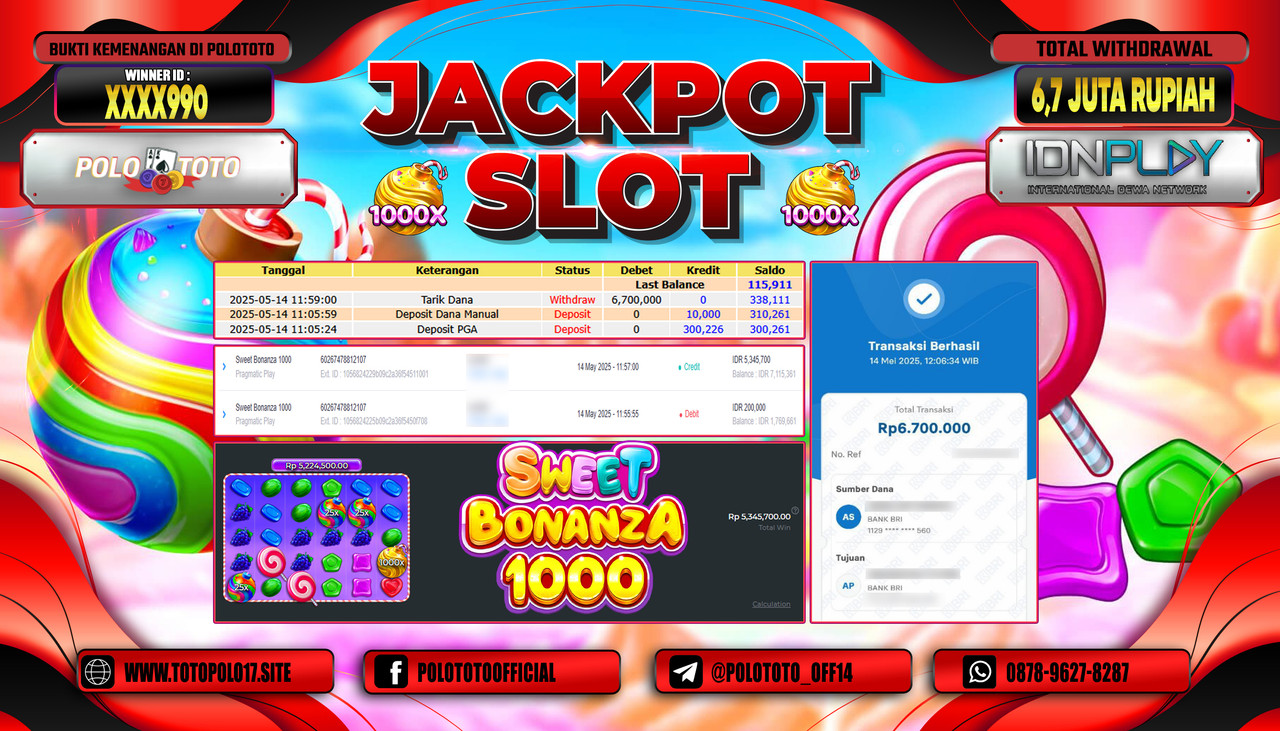POLOTOTO JACKPOT SLOT SWEET BONANZA 1000 Rp.6.700.000,-
