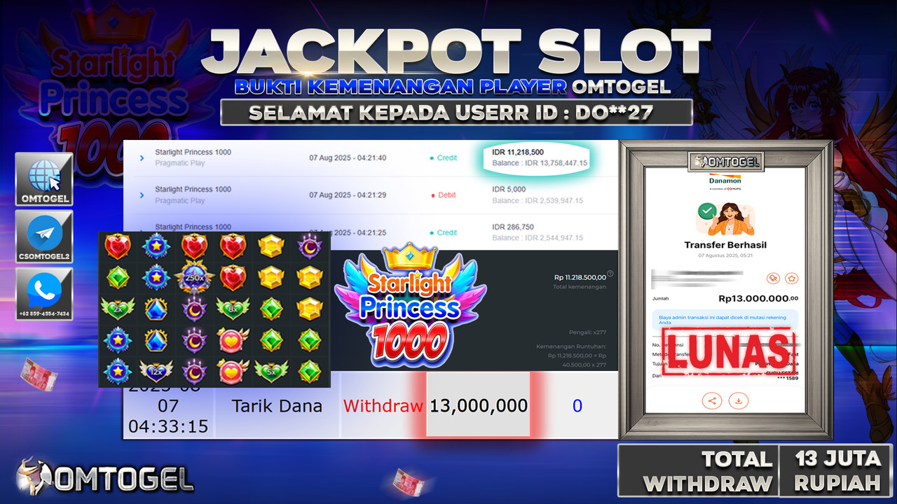OMTOGEL JACKPOT PRAGMATIC PLAY STARLIGHT PRINCESS 1000 13 JUTA DI BAYAR LUNAS ,-
