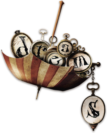 Umbrella with clocks spelling out the word "dreams"