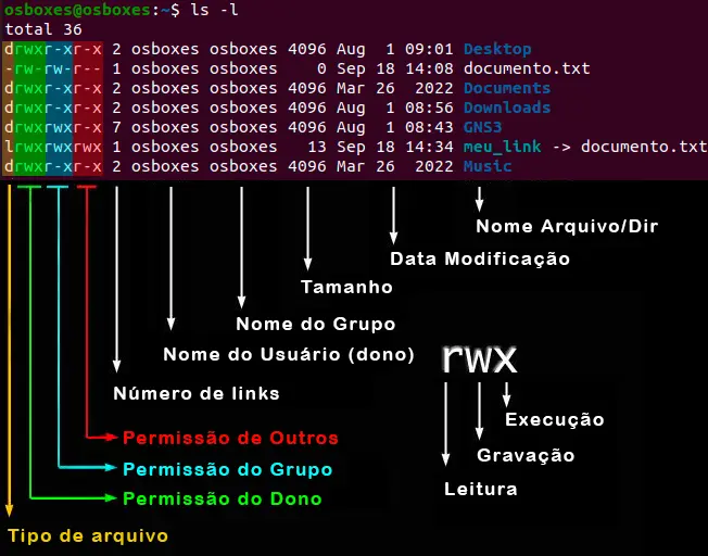 Exemplo de permissões no Linux