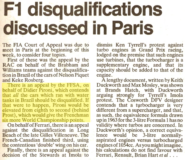 Water Cooled Brake Disqualifications (Autosport 22nd July 1982)