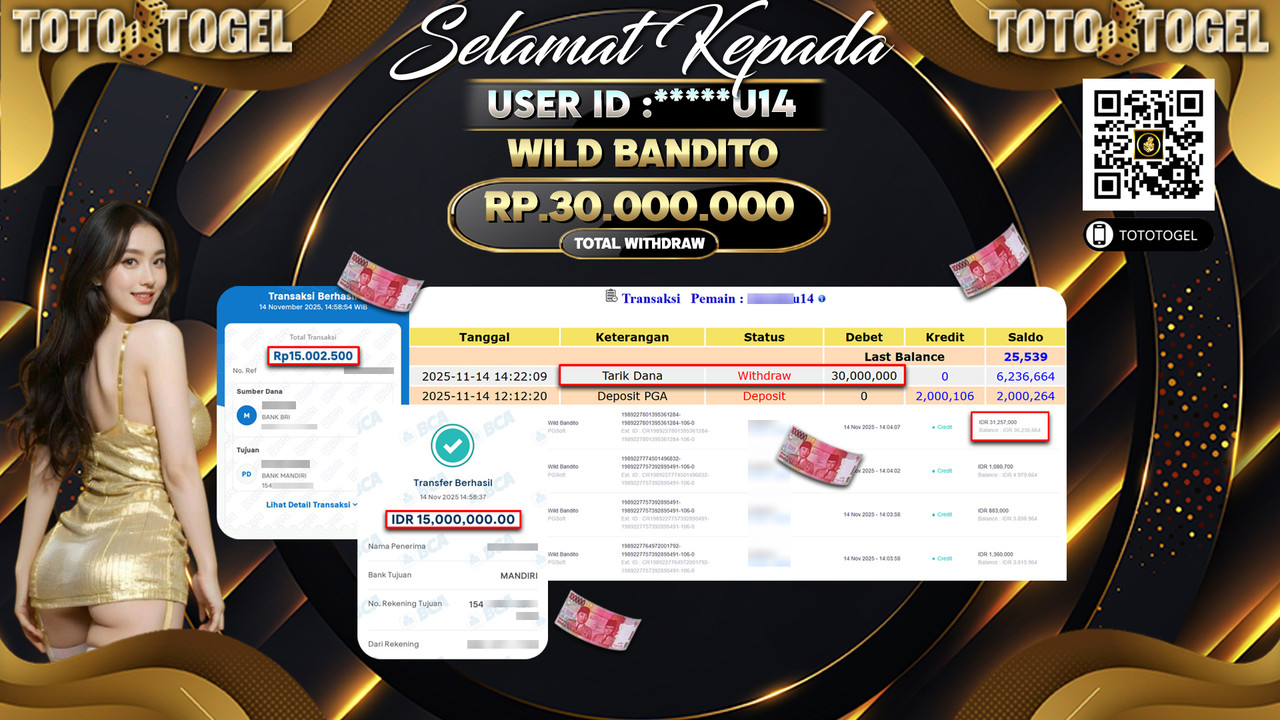 Bukti Pembayaran Jackpot Permainan Slot Wild Bandito ID:*****U14 LUNAS