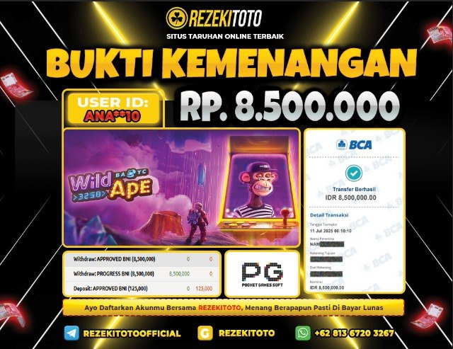 BUKTI KEMENANGAN 11 JULI 2025 WILD APE 8 JUTA 