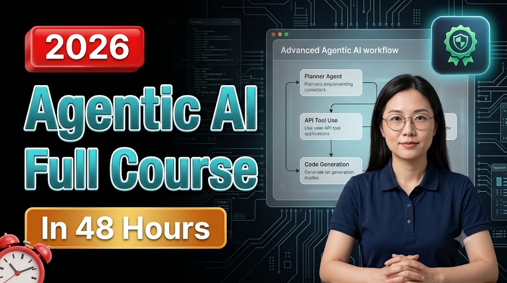 AI-generated example result for the youtube-thumbnail prompt: Agentic AI Full Course Thumbnail – 2026 Edition, Learn In 48 Hours AI YouTube Thumbnail Prompt