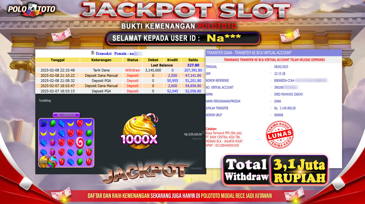 POLOTOTO JACKPOT SLOT SWEET BONANZA 1000 Rp.3,100.000,-