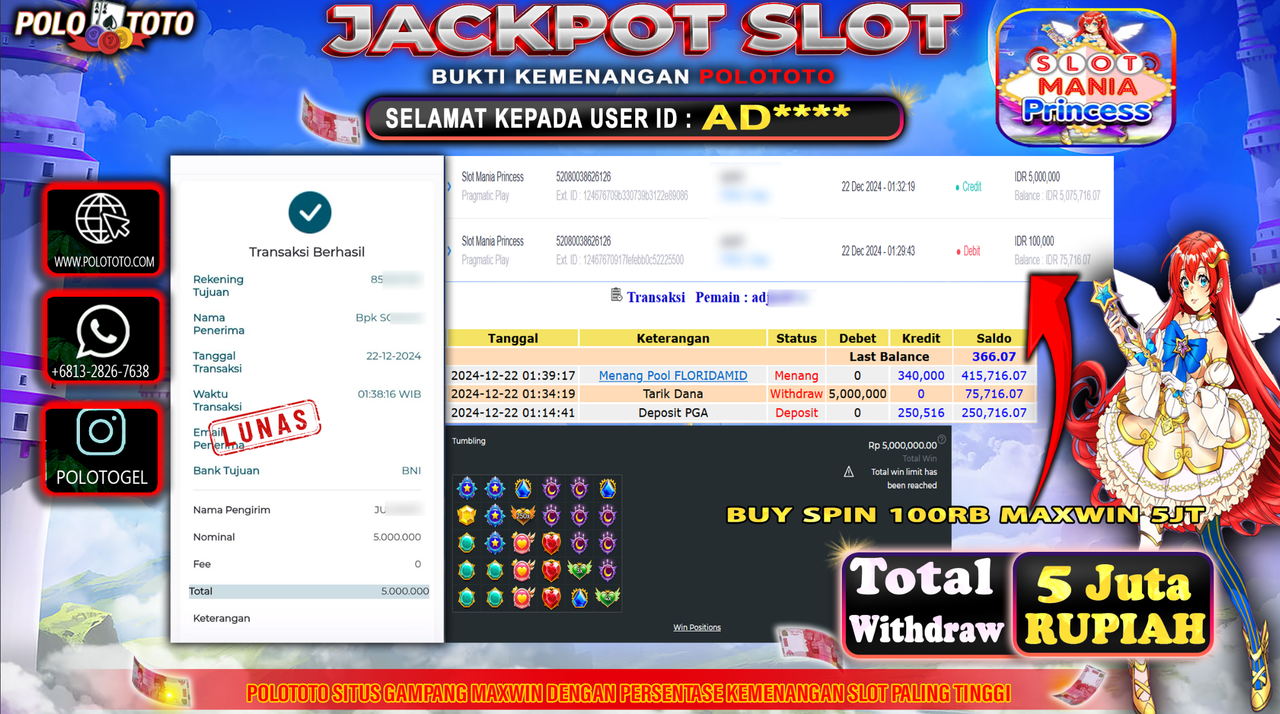 POLOTOTO JACKPOT SLOT MANIA PRINCESS Rp.5,000.000,-