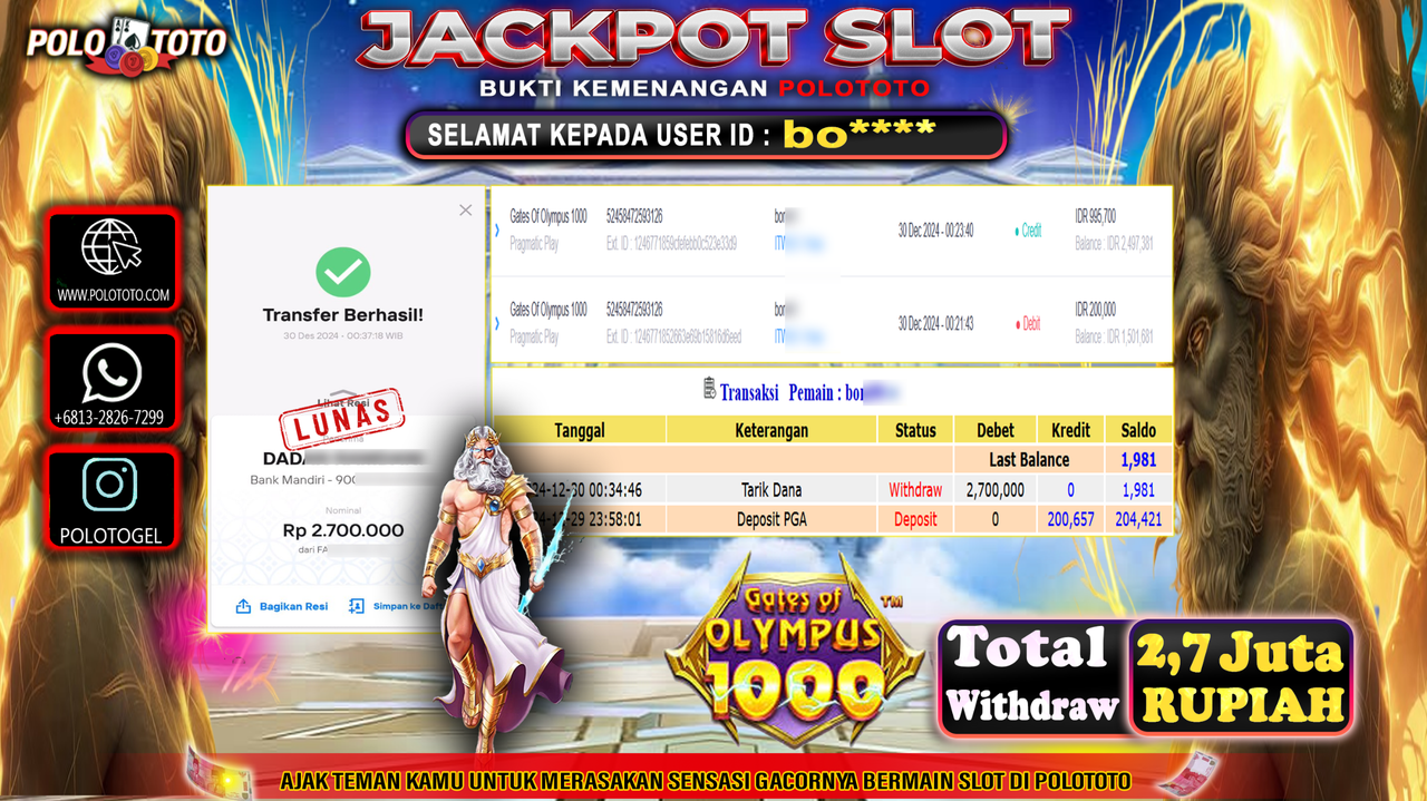 POLOTOTO JACKPOT SLOT GATES OF OLYMPUS 1000 Rp.2,700.000,-