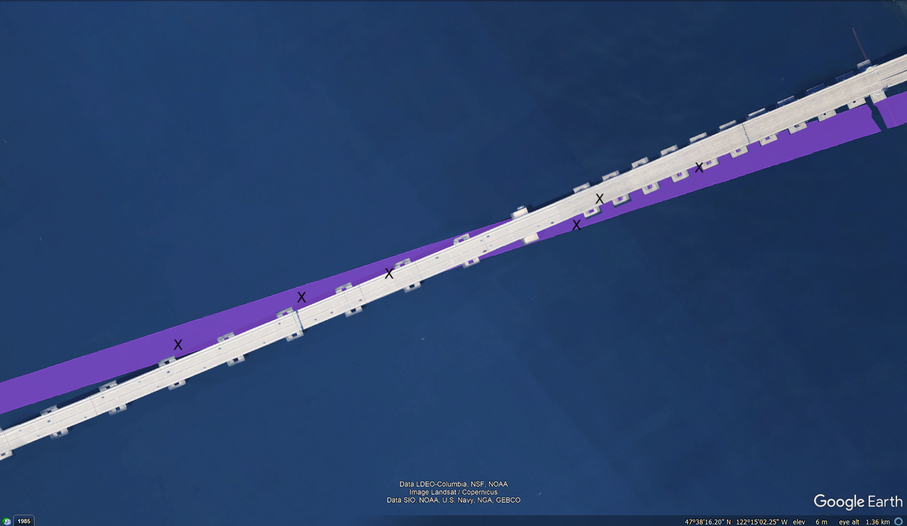 A google earth screenshot of the 520 floating bridge. Six x's mark the location of defenders about the bridge.