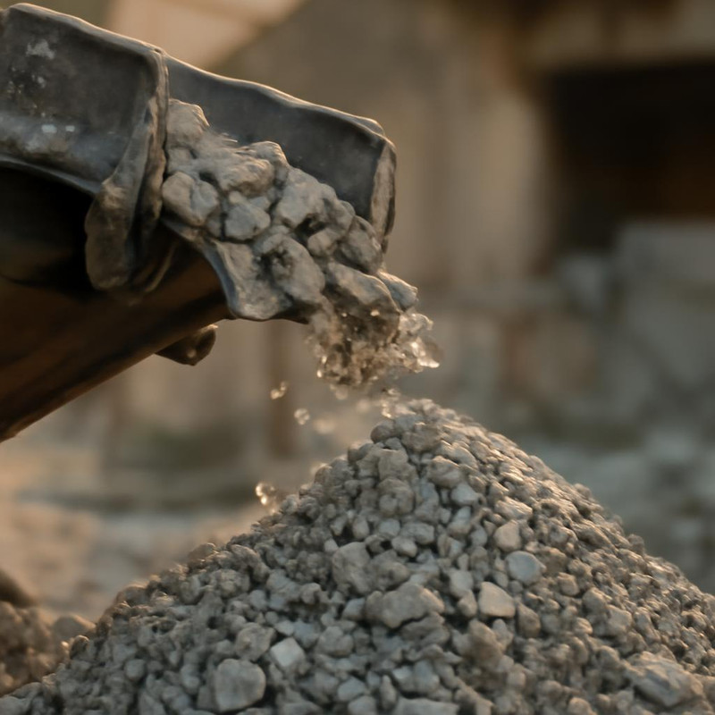 Процесс переработки бетонных отходов в щебень