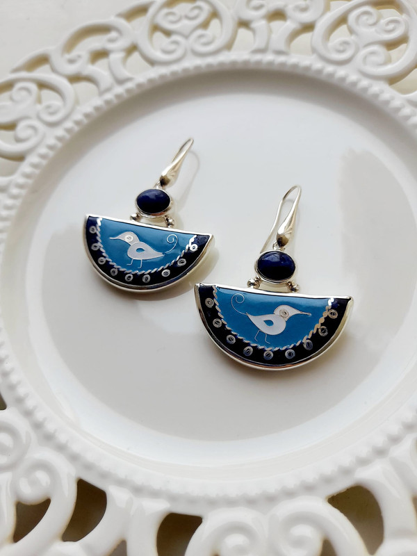Minankari Earrings White Birds, Handmade Sterling Silver - handmade cloisonne enamel