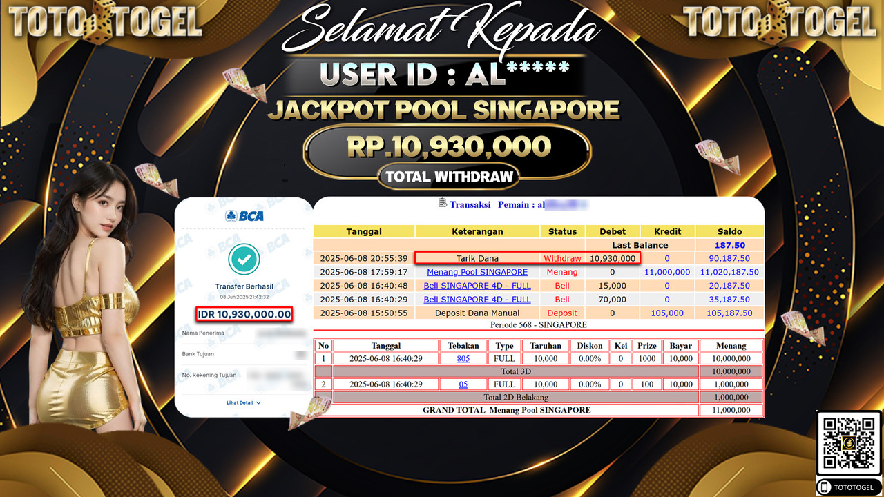 Bukti Pembayaran Jackpot Permainan Togel Pools Singapore ID:AL***** LUNAS