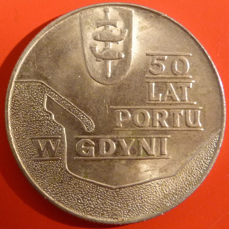 10 Zloty. Polonia (1972) Puerto de Gdynia. Dedicada a Nauzet POL-50-Zloty-1972-50-aniv-puerto-de-Gdynia-rev