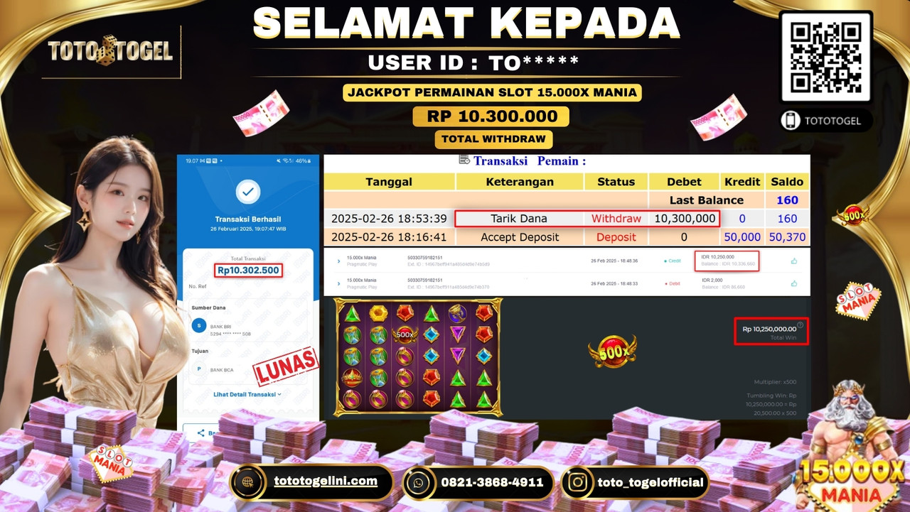 Bukti Pembayaran Jackpot  Permainan Slot 15.000X Mania  ID:TO***** LUNAS