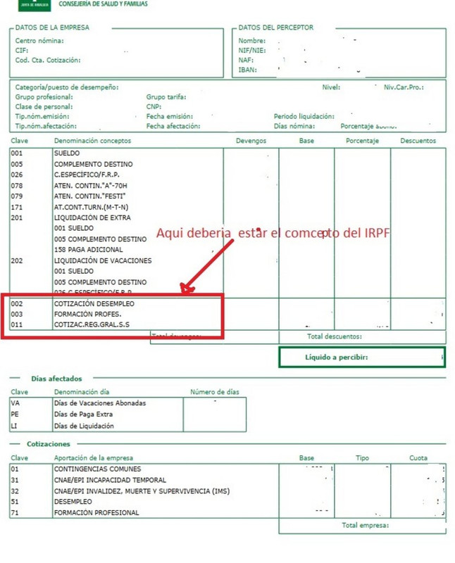 No sale el IRPF en la nomina Nomina