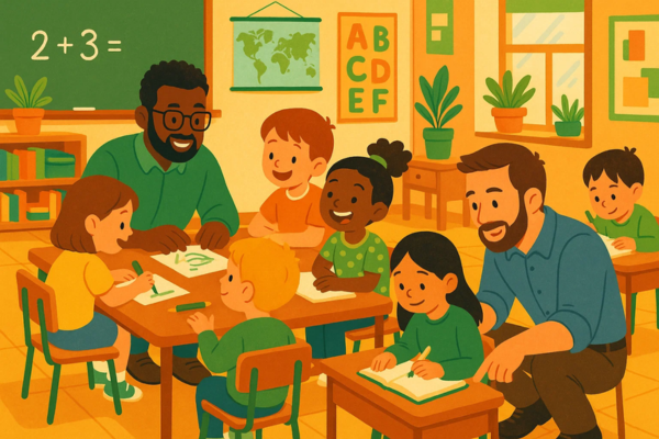 Deux enseignants collaborant au milieu d'élèves