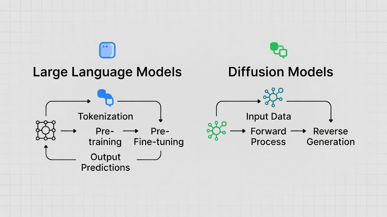 Diagram showing how large language models and diffusion models are trained on data