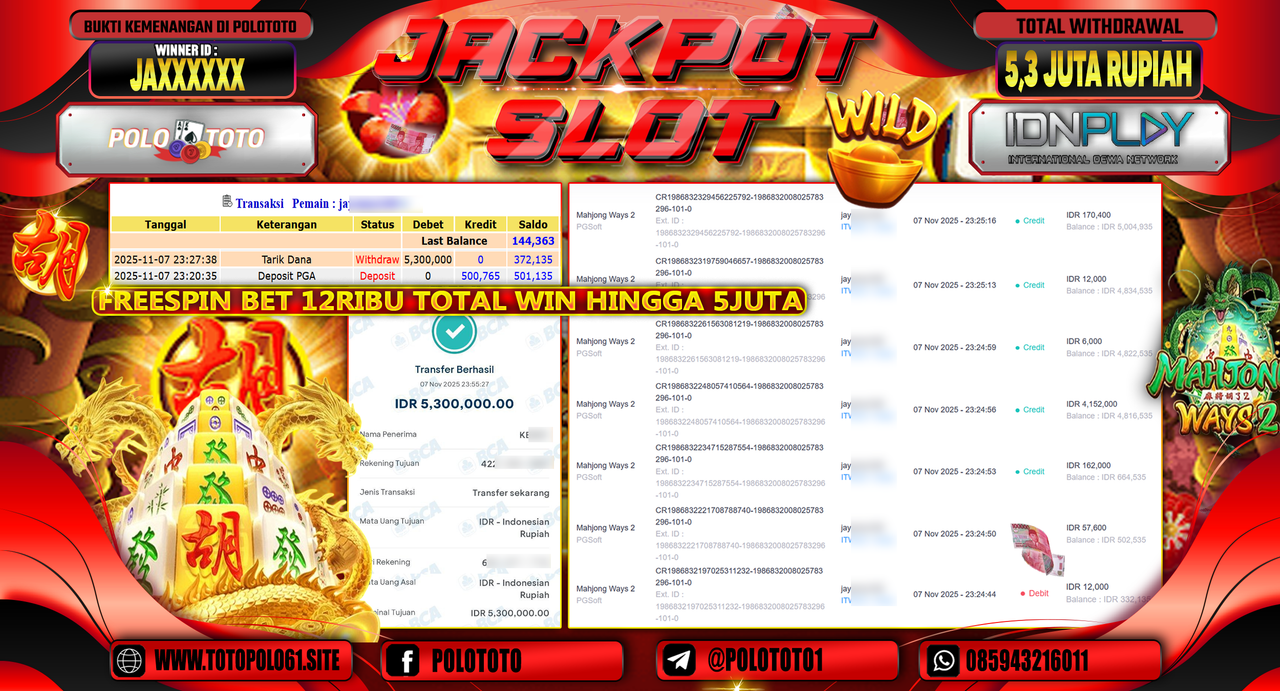 POLOTOTO JACKPOT SLOT MAHJONG WAYS 2 Rp.5.300.000,- LUNAS