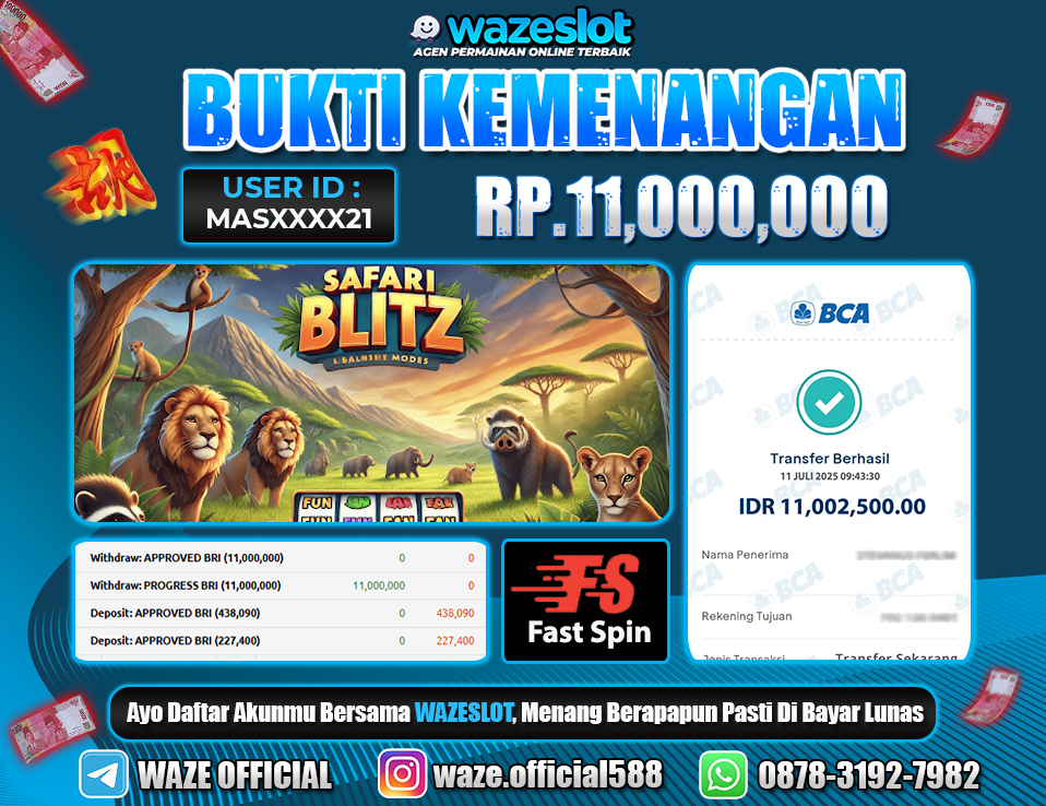BUKTI KEMENANGAN 11 JULI 2025 DI GAME SAFARI BLITZ