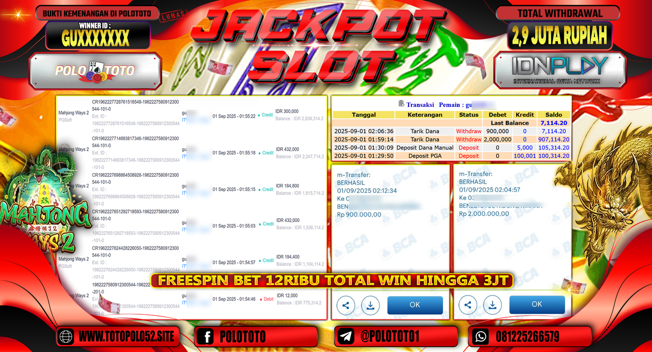 POLOTOTO JACKPOT SLOT MAHJONG WAYS 2 Rp.2.900.000,-