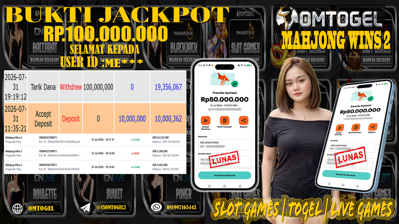 OMTOGEL JACKPOT PG SOFT MAHJONG WINS 2  Rp,100,000,000,- DIBAYAR LUNAS