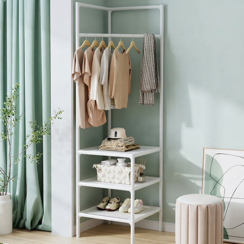 Space-Saving Corner Clothes Rack with Storage Shelves