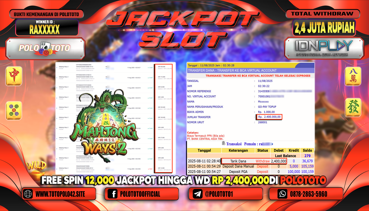 POLOTOTO JACKPOT SLOT MAHJONG WAYS 2 Rp.2.400.000,-LUNAS