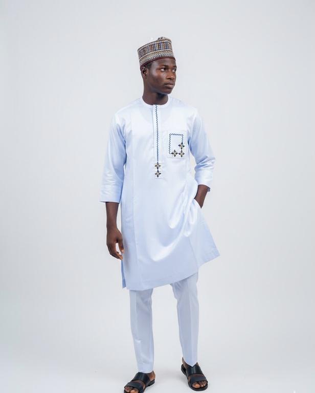 Bold navy and gold embroidered kaftan by FAWLUX bespoke tailoring Lagos