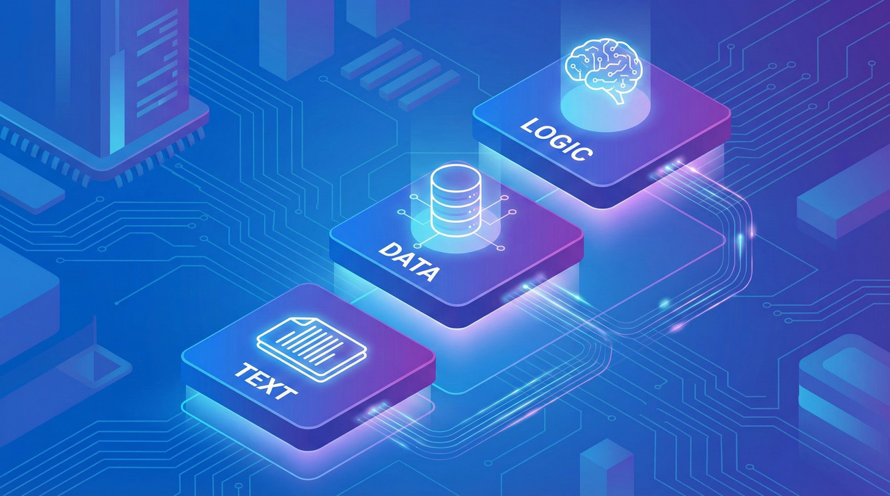 Three isometric steps representing Text, Data, and Logic projects