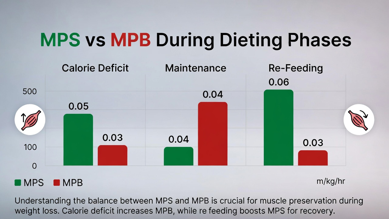 Infographic showing MPS (muscle protein synthesis) vs MPB (muscle protein breakdown) during dieting phases.
