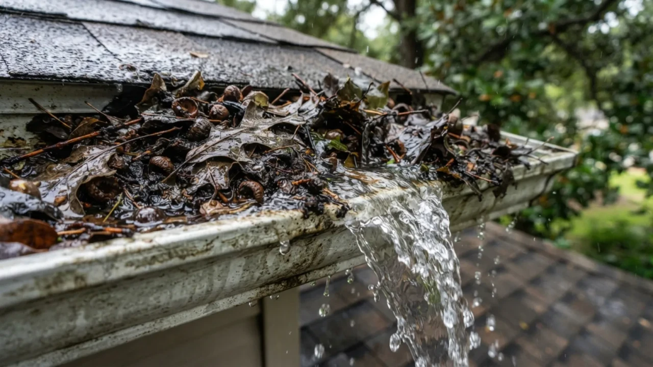 Clogged gutter on San Antonio home with live oak debris showing water backup