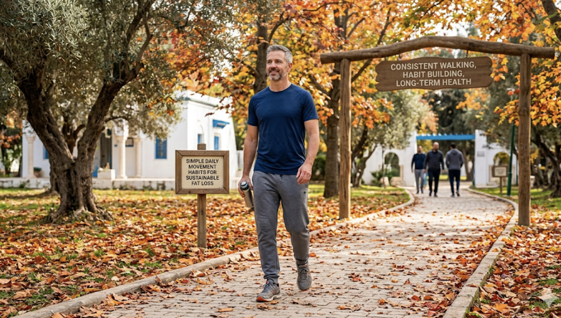 Person walking briskly in a sunlit park path, demonstrating simple daily movement habits for sustainable fat loss and easy weight loss habits