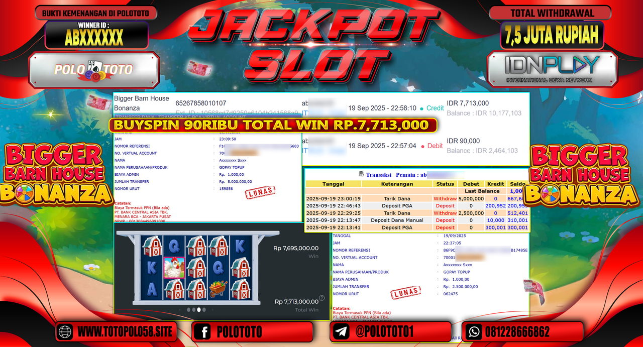 POLOTOTO JACKPOT SLOT BIGGER BARN HOUSE BONANZA Rp.7.500.000,-