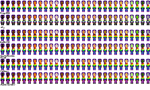 a row of people with pride flag shirts and darker purple hair