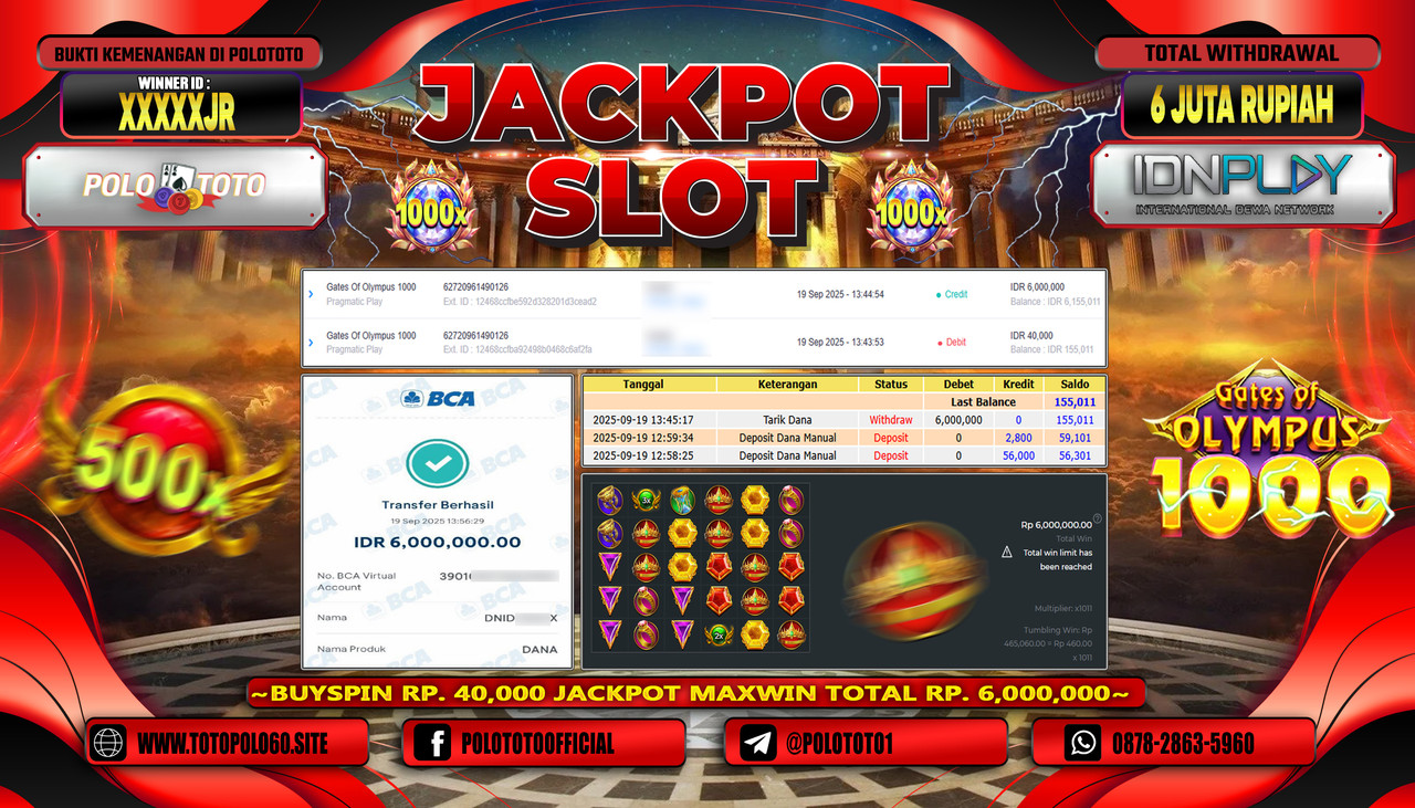 POLOTOTO JACKPOT SLOT GATES OF OLYMPUS 1000 Rp.6.000.000,- LUNAS