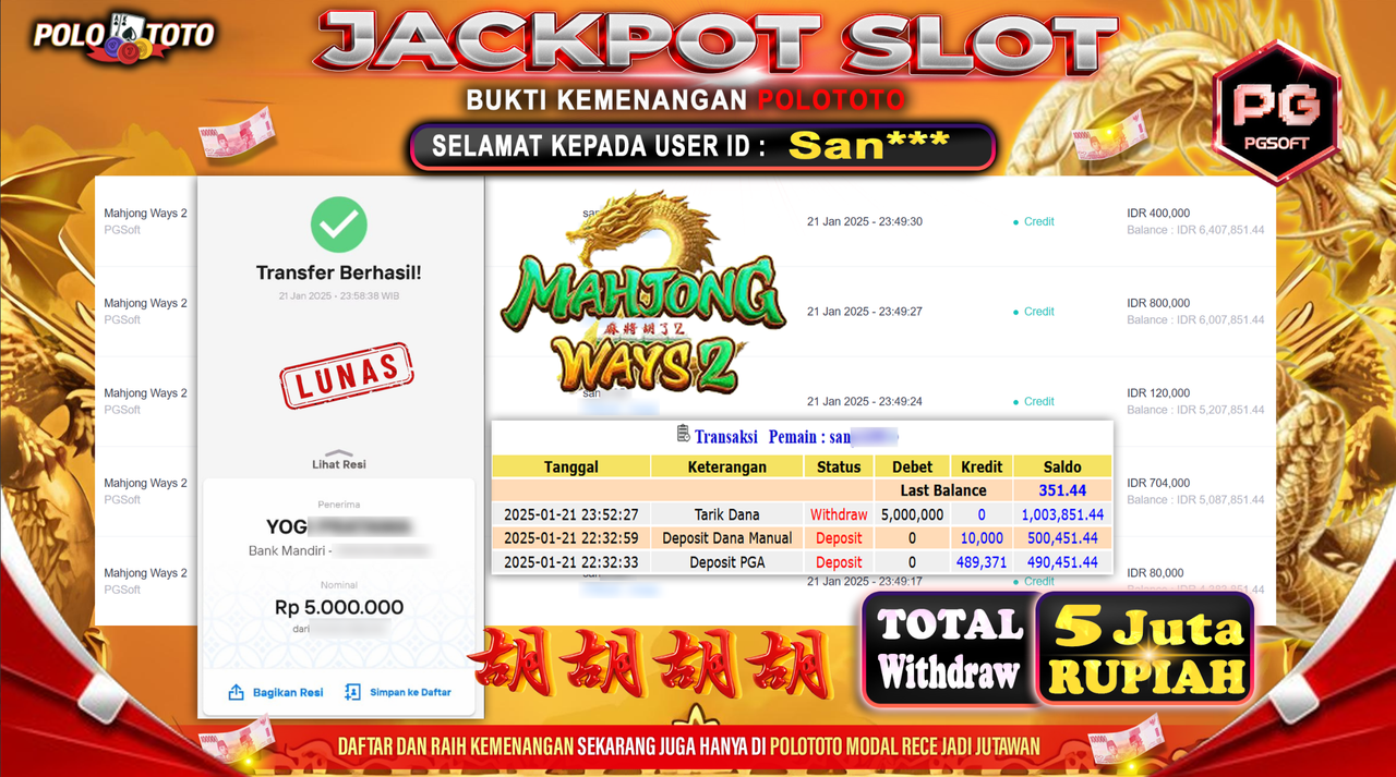 POLOTOTO JACKPOT SLOT MAHJONG WAYS 2 Rp.5,000.000,-