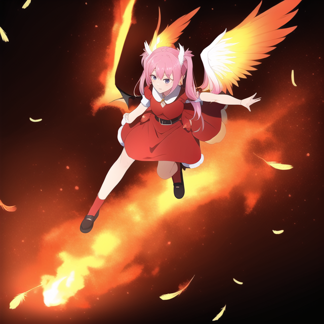 Best quality, masterpiece, twintail, pink hair, demon girl, flame, red dress, fe s-2361602523