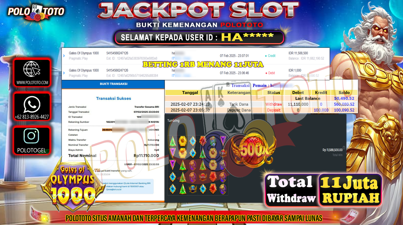 POLOTOTO JACKPOT SLOT GATES OF OLYMPUS 1000 Rp.11,110.000,-