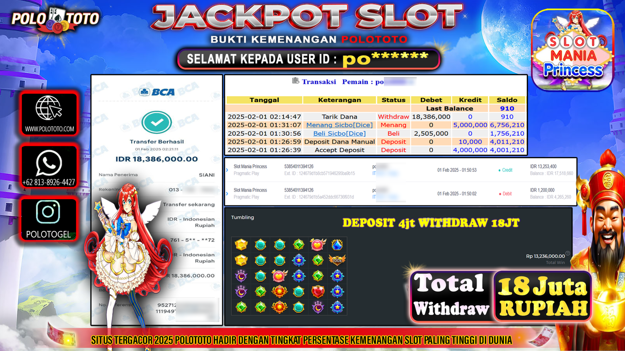 POLOTOTO JACKPOT SLOT MANIA PRINCESS Rp.18,386.000,-