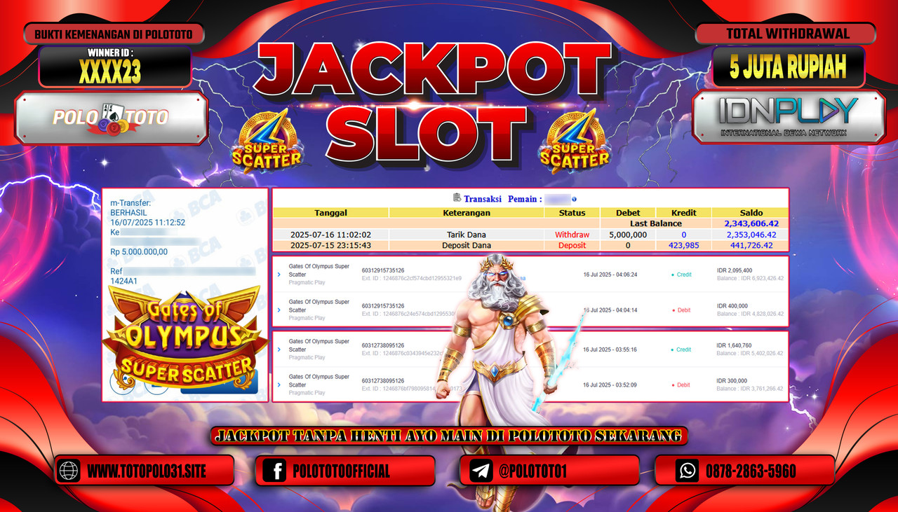 POLOTOTO JACKPOT SLOT GATES OF OLYMPUS SUPER SCATTER Rp.5.000.000,- LUNAS