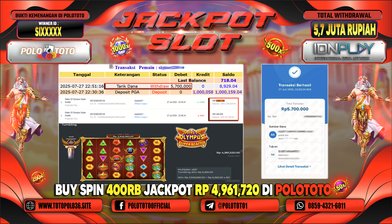 POLOTOTO JACKPOT SLOT GATES OF OLYMPUS SUPER SCATTER Rp.5.700.000,-LUNAS