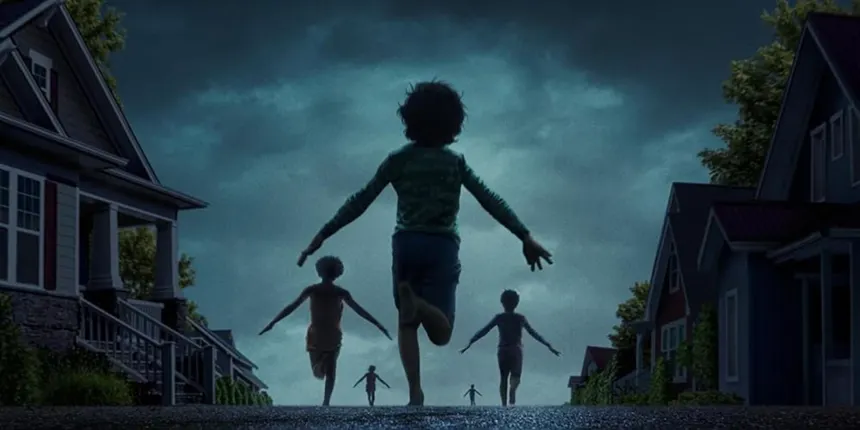 A promotional banner image of the Weapons film. It shows several silhouettes of children as they run down the street of a town in the middle of the night.