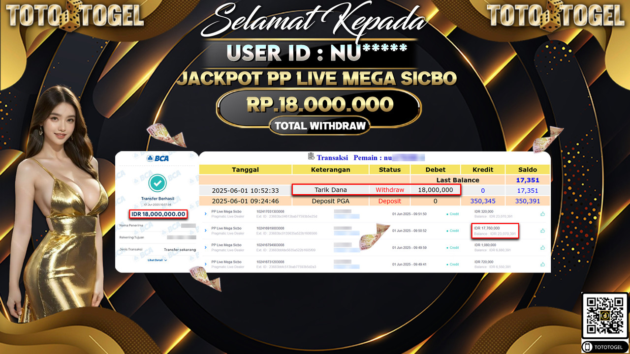 Bukti Pembayaran Jackpot Permainan Live Game PP Live Mega Sicbo ID:NU***** LUNAS