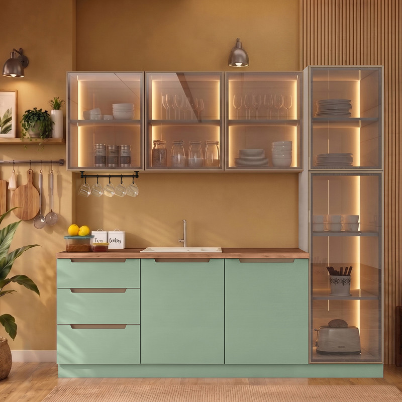 Hera 230 cm Mutfak Dolabı Seti %100 MDF Ledli Boy Dolaplı Çekmeceli Lavabolu Raflı Mutfak Dolabı Takımı 7 Modül Tezgah Dahil Yeşil Bej