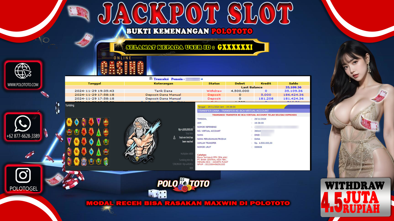 POLOTOTO JACKPOT SLOT GATES OF OLYMPUS 1000 Rp.4,500.000,-