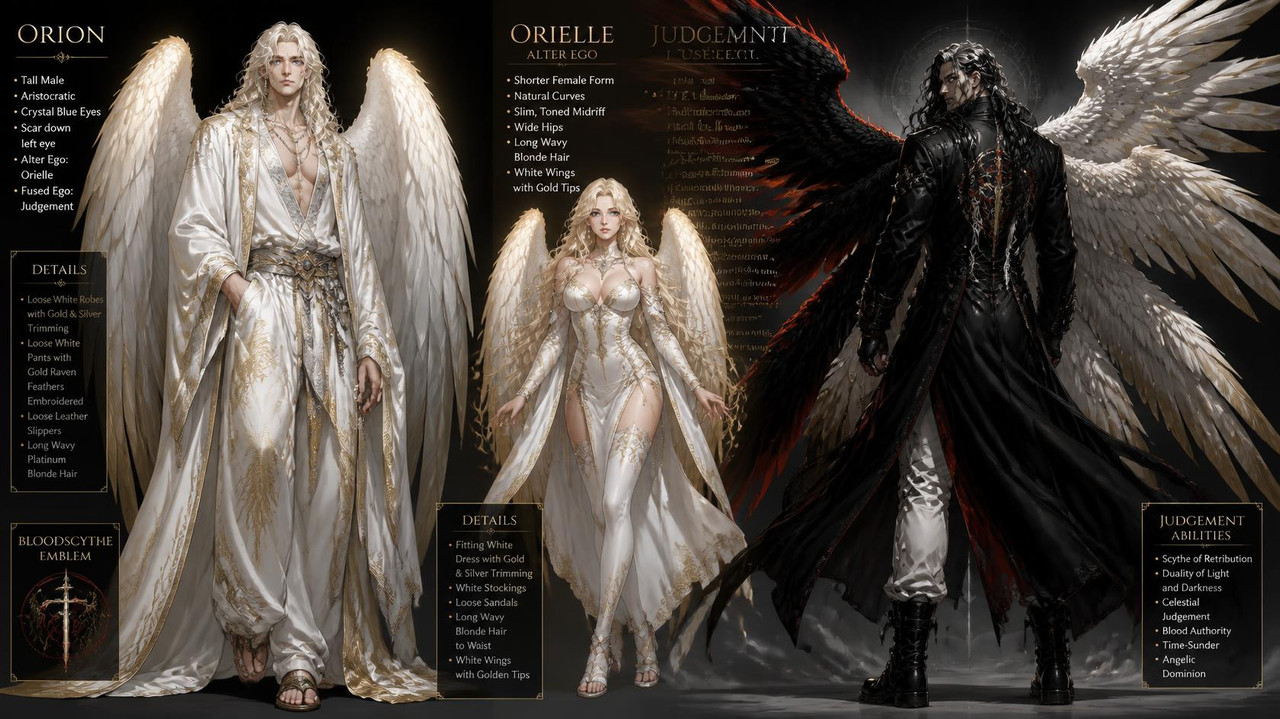 Orion is a tall male with White robes with Gold and silver trimming He has Loose white paints with