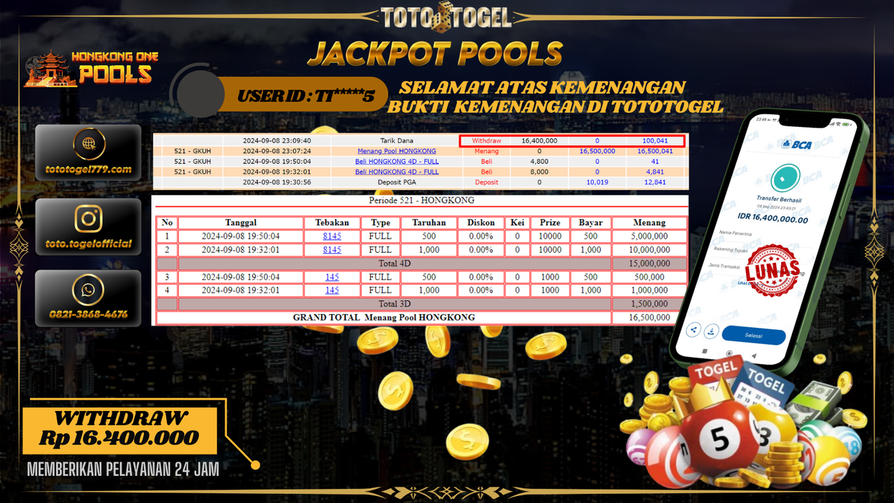 Bukti Kemenangan Permainan Togel Hongkong Pools Dengan ID : TI***5  Terbayar Lunas!!