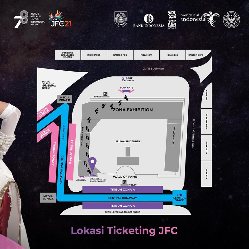 Denah lokasi pembelian tiket on the spot Jember Fashion Carnaval 2023.