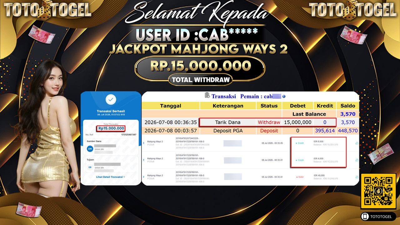 Bukti Pembayaran Jackpot Permainan Slot Mahjong Ways 2 ID:CAB*****LUNAS