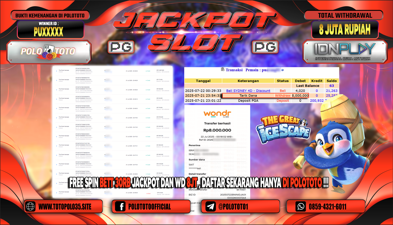 POLOTOTO JACKPOT SLOT THE GREAT ICE SCAPE 1000 Rp.8.000.000,- LUNAS